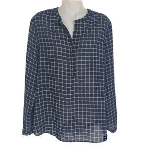 Banana Republic Womens Blouse Small Blue Gray Windowpane Print V Neck Pullover